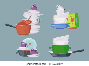 Dirty dish. Kitchen restaurant items for cleaning forks spoons bowls plates salad bowls mugs glasses vector dirty