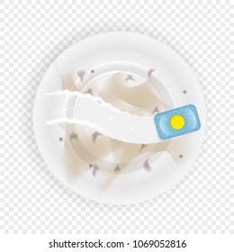dirty dish and tablets for the dishwasher. A realistic illustration for advertising. Washing dishes in the dishwasher. Cleaning dishes.