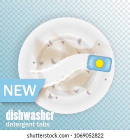 dirty dish and tablets for the dishwasher. A realistic illustration for advertising. Washing dishes in the dishwasher. Cleaning dishes.