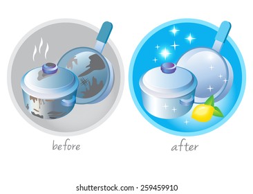 Dirty Dishes, Clean Dishes Before After. Vector Image In The Circle. Dirty Dishes, Clean Dishes Sign. Dirty Dishes Images. Dishes Cartoon Vector.