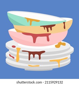 Dirty dishes concept vector illustration. Unclean plates pile stack in flat design.