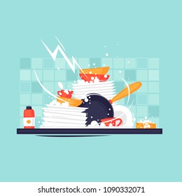 Dirty dishes. Flat design vector illustration.