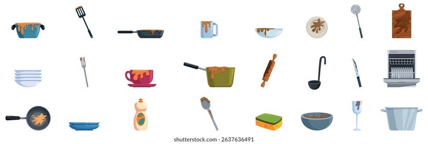 Dirty dishes icons set. Kitchen utensils and dinnerware covered in food scraps, sauce, and grease, awaiting cleaning