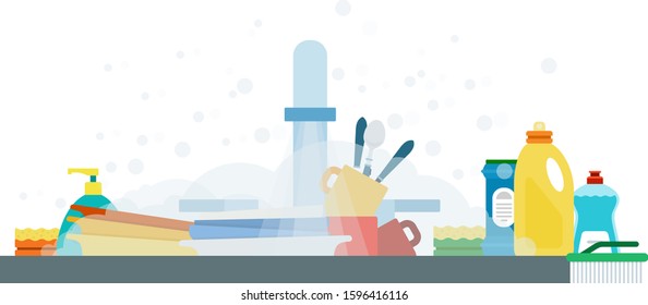 Dirty dishes in the kitchen sink vector flat icon isolated on white
