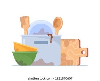 Dirty Dishes Pile, Stack of Bowls, Plate, Cooking Pan, Cutting Board, Turner and Spoon to Wash, Unhygienic Utensils, Crockery or Kitchenware Isolated on White Background. Cartoon Vector Illustration