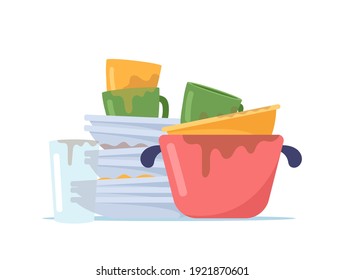 Dirty Dishes Pile, Untidy Plates Stack, Water Glass, Cups And Cooking Pan To Wash. Unhygienic Utensils, Crockery Or Kitchenware After Dinner Isolated On White Background. Cartoon Vector Illustration