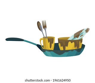 Dirty dishes plates and cups saucepan with remains fat stains. Stack of dirty kitchen utensil and dinnerware vector flat set for web design. Household and kitchenware concept