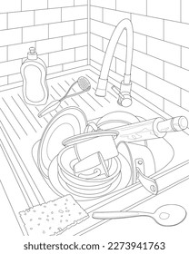 Dirty dishes. Plates, cups, stewpan in the sink.Black and white vector illustration.