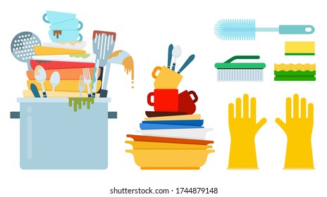 Dirty dishes, plates with washing sponges and gloves vector illustration in flat design.