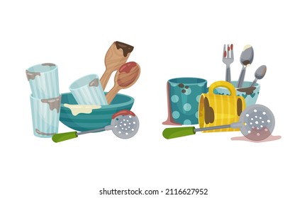 Dirty dishes set. Restaurant or household kitchenware utensils, unwashed glasses, mugs and kitchen tools vector illustration