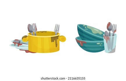 Dirty dishes set. Restaurant or household kitchenware utensils, unwashed bowls, saucepan, forks and spoons vector illustration