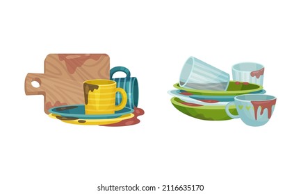 Dirty dishes set. Restaurant or household kitchenware utensils, unwashed mugs, cutting board and plates vector illustration