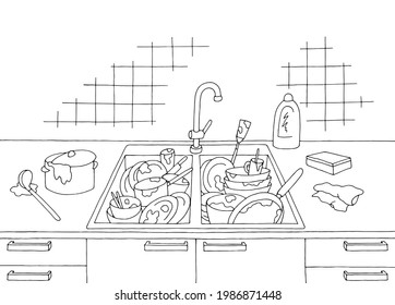 Dirty dishes in the sink kitchen mess room graphic black white home interior sketch illustration vector