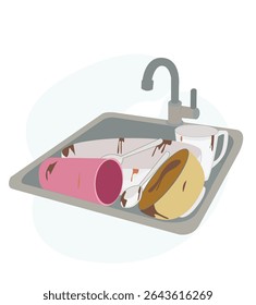 dirty dishes in the sink. Pile of dirty dishes at kitchen metallic sink with faucet vector 