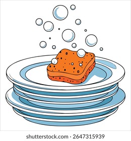 Dirty dishes with soap sponge and bubbles
