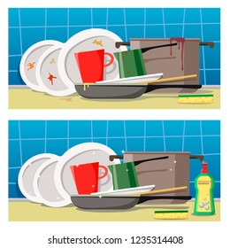 Dirty dishes with a sponge and clean dishes with a sponge and cleaning agent. Set of two flat style illustrations Before and After