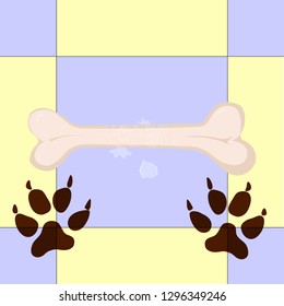 dirty dog tracks and bone drooling on a colored tile in the room