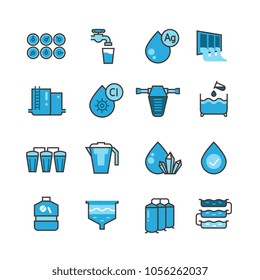 Dirty effluent water treatment plant and water filter for sewage sludge vector icons set. Sewage water, system purification illustration