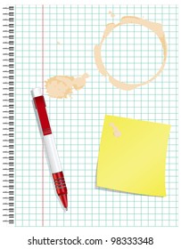 Dirty exercise book with a red pen, and a spot of coffee. Vector illustration.