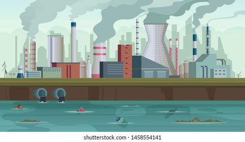 Dirty factory. Trash and smoke from urban factory production river pollution city smog in sky concept background. Pipe pollution, factory building production illustration