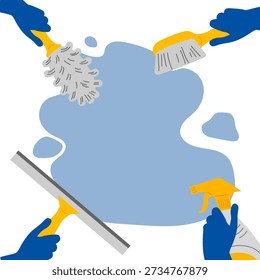 Dirty floor. Human hands in blue protective household gloves holding cleaning supplies and cleaning.