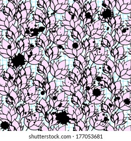 Dirty floral seamless pattern with ink drops. Vector Illustration