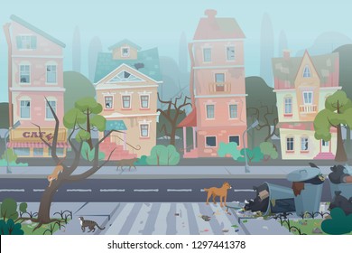 Dirty foggy street with garbage around. Empty city with worn, broken and dirty buildings, waste, full dustbins with cats and dogs. Unfavorable abandoned residential area vector illustration.