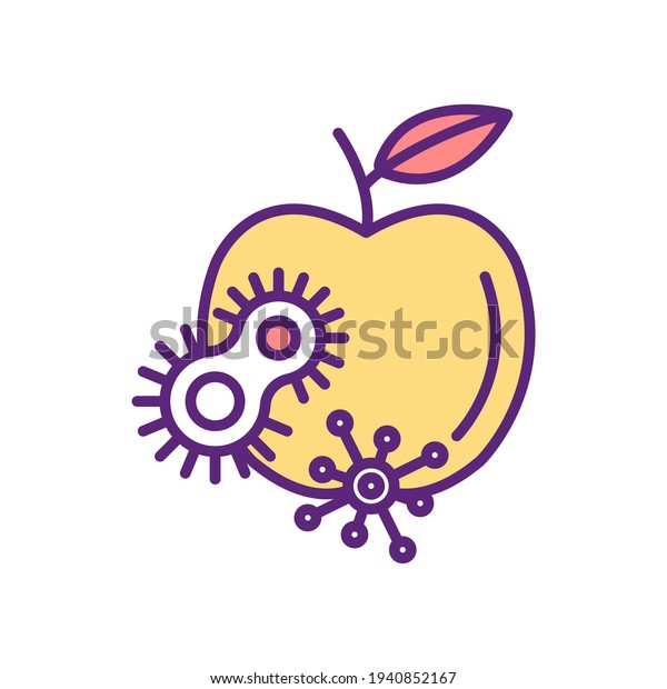 Dirty food RGB color icon. Contaminated\
fruits and vegetables. Foodborne diseases risk. Food poisoning.\
Poor hygiene. Public health safety. Microbial contamination.\
Isolated vector\
illustration