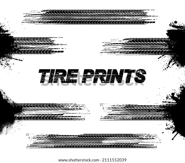 Dirty footprints treads motorcycling and motorsport
concept. Drag racing, drift, motocross, off-road, a bike and other.
Detailed tire tread texture, wheel mark in dirty grunge style.
Vector texture 
