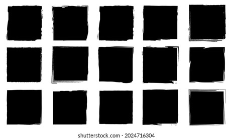 Dirty frames for design in grunge style. Ink brush strokes. A set of distress textures of a square or rectangular shape. Isolated backgrounds for design of text frames, posters, banners. Black, white