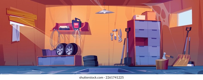 Dirty garage interior background. Empty abandoned workshop or storage room inside house cartoon illustration. Basement storeroom with spider web and automotive equipment to repair.