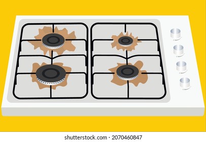 dirty gas stove on yellow background 