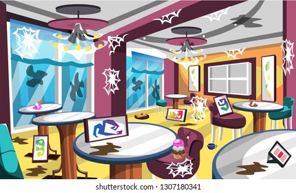 Dirty Gelato Ice Cream Cafe With Fancy Chair And Table, Classic Lamp, Big Windows, Artistic Wall Picture For Vector Illustration Interior Ideas