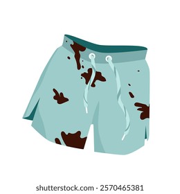 Dirty green men summer shorts with black dirt and mud stains, old and stained worn clothes for boy or man, filthy clothes lying on floor ready for washing, laundry cartoon vector illustration