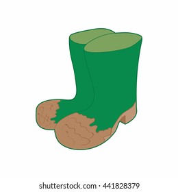 Dirty green rubber boots icon in cartoon style on a white background