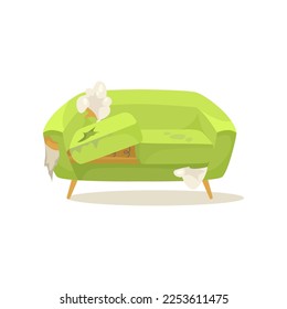 Dirty green sofa vector illustration. Old broken couch with holes and stains for living room isolated on white background. Furniture, interior design concept