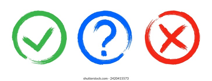 Dirty grunge cross x, tick OK and question check marks in check boxes, hand drawn with brush strokes vector illustration isolated on white background. Question mark, symbol NO, YES web button for vote