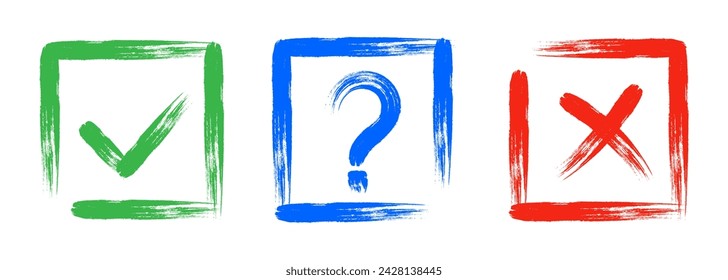 Dirty grunge cross x, tick OK and question check marks in check boxes, hand drawn with brush strokes vector illustration isolated on white background. Question mark, symbol NO, YES web button for vote