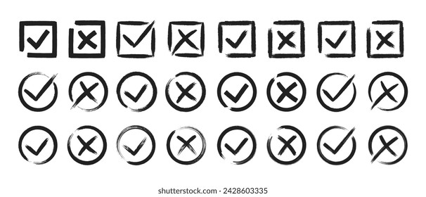 Dirty grunge cross x and tick OK check marks set in check boxes, hand drawn with brush strokes vector illustration isolated on white background. Check mark symbol NO and YES buttons for web vote, etc.