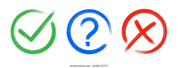 Dirty grunge cross x, tick OK and question check marks in check boxes, hand drawn with brush strokes vector illustration isolated on white background. Question mark, symbol NO, YES web button for vote