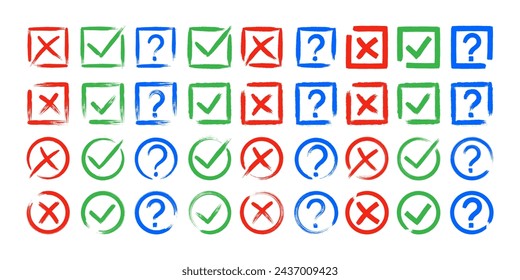 Dirty grunge cross x, tick OK and question check marks in check boxes, hand drawn with brush strokes vector illustration isolated on white background. Question mark, symbol NO, YES web button for vote