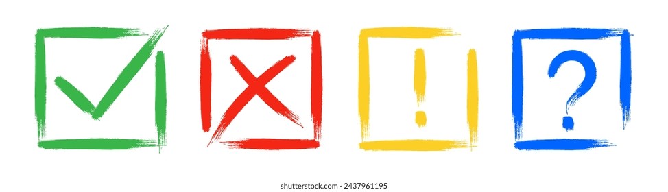 Dirty grunge cross x, tick OK, exclamation and question check marks in check boxes, hand drawn with brush strokes vector illustration isolated background. Exclamation, question mark, NO, YES symbols.