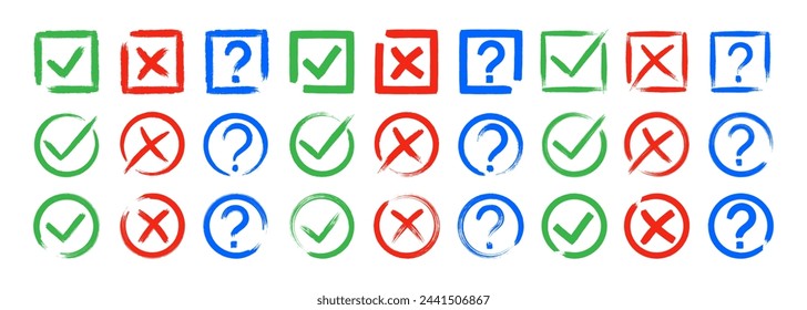 Dirty grunge cross x, tick OK and question check marks in check boxes, hand drawn with brush strokes vector illustration isolated on white background. Question mark, symbol NO, YES web button for vote