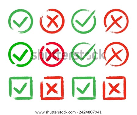Dirty grunge cross x and tick OK check marks set in check boxes, hand drawn with brush strokes vector illustration isolated on white background. Check mark symbol NO and YES buttons for web vote, etc.