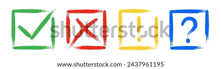 Dirty grunge cross x, tick OK, exclamation and question check marks in check boxes, hand drawn with brush strokes vector illustration isolated background. Exclamation, question mark, NO, YES symbols.