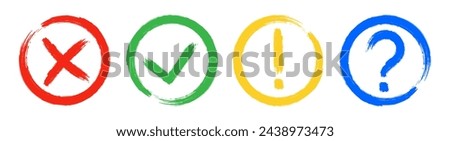 Dirty grunge cross x, tick OK, exclamation and question check marks in check boxes, hand drawn with brush strokes vector illustration isolated background. Exclamation, question mark, NO, YES symbols.
