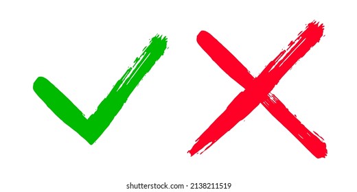 Dirty grunge hand drawn with brush strokes cross x and tick OK check marks set vector illustration isolated on white background. Check mark symbol NO and YES buttons for vote box, web, etc.