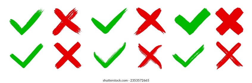 Dirty grunge hand drawn with brush strokes cross X and tick OK check marks V vector illustration set isolated on white background. Check mark symbol NO and YES buttons for vote in the box, web, etc