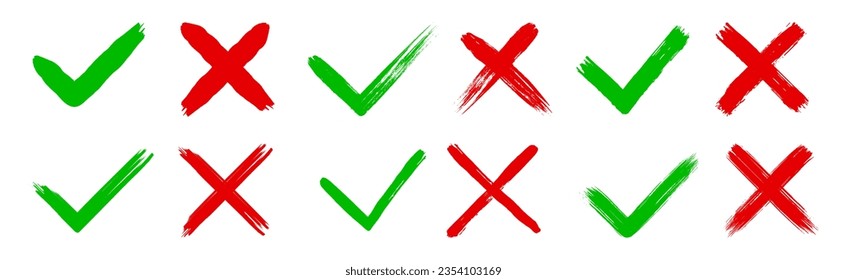 Dirty grunge hand drawn with brush strokes cross X and tick OK check marks V vector illustration set isolated on white background. Check mark symbol NO and YES buttons for vote in the box, web, etc