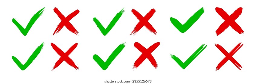 Dirty grunge hand drawn with brush strokes cross X and tick OK check marks V vector illustration set isolated on white background. Check mark symbol NO and YES buttons for vote in the box, web, etc